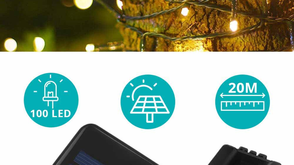 Timeless Tools 100 LED-es napelemes kerti fényfüzér-20 méteres-meleg fehér