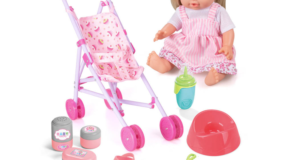 Timeless Tools Beszélő játékbaba babakocsival és kiegészítőkkel