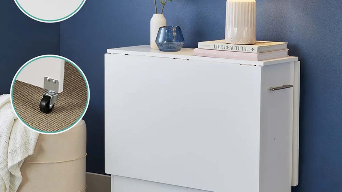 Timeless Tools Összecsukható gurulós asztal polcokkal, kinyitható asztallappal, fehér