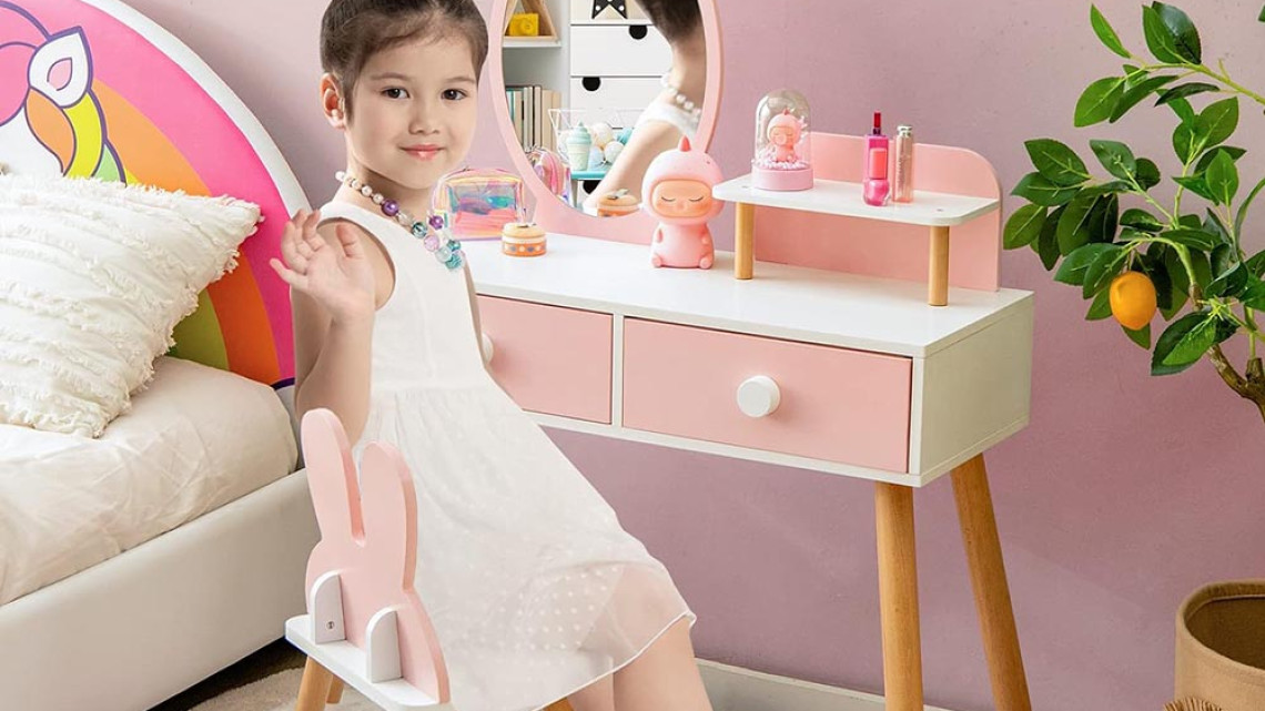 Timeless Tools Nyuszis fésülködő asztal gyerekeknek tükörrel, székkel