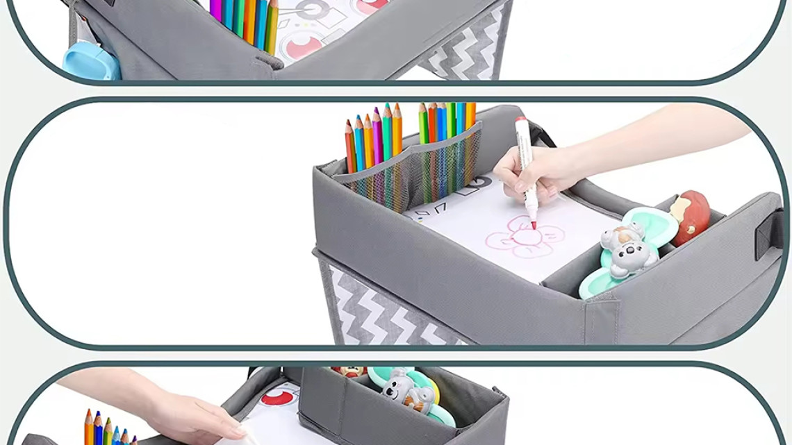 Timeless Tools Hordozható gyerekasztal autóba, zsebekkel, szürke